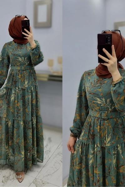 Yeni Model Gelincik Şifon Elbise Mint Yeşili