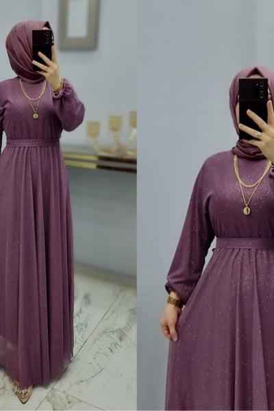 Yeni Model Simli Elbise  Lila