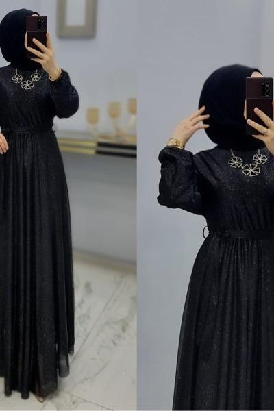 Yeni Model Simli Elbise  Siyah