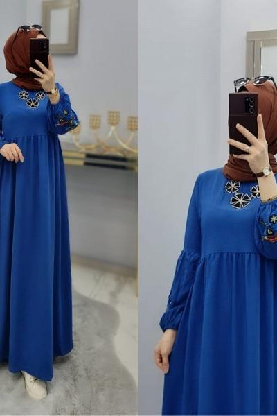Yeni Model Nakış Elbise Mavi