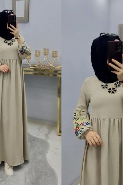 Yeni Model Nakış Elbise Krem