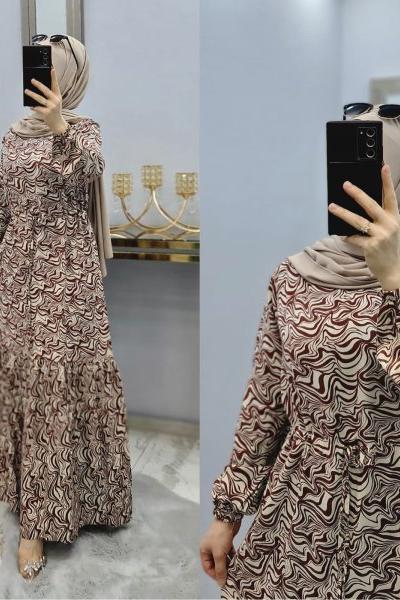 Yeni Model Zebra Elbise Kahverengi Bej