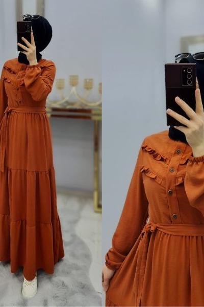Yeni Model Ayrobin Düğmeli Elbisem Kiremit