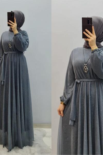 Yeni Model Simli Elbise  Gri