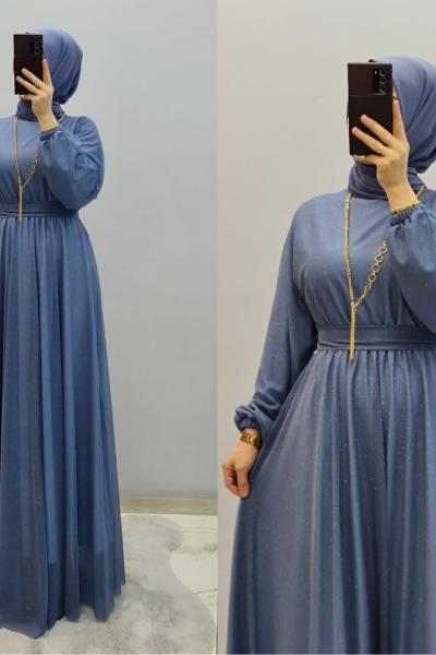 Yeni Model Simli Elbise  Açık Mavi