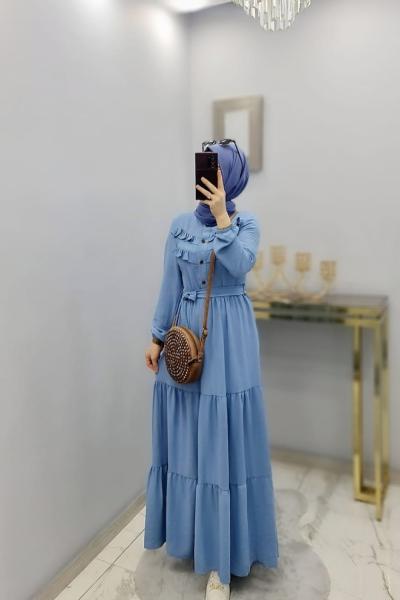 Yeni Model Ayrobin Düğmeli Elbisem Açık Mavi