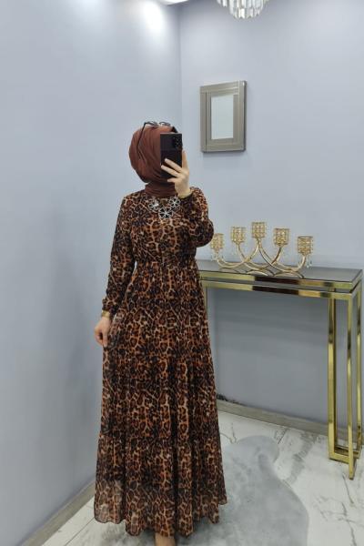 Yeni Model Astarlı Leopar Şifon Elbisem koyu leopar