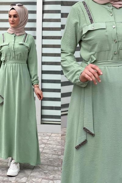 Yeni Model Taş Detaylı Star Elbisem Fıstık Yeşili