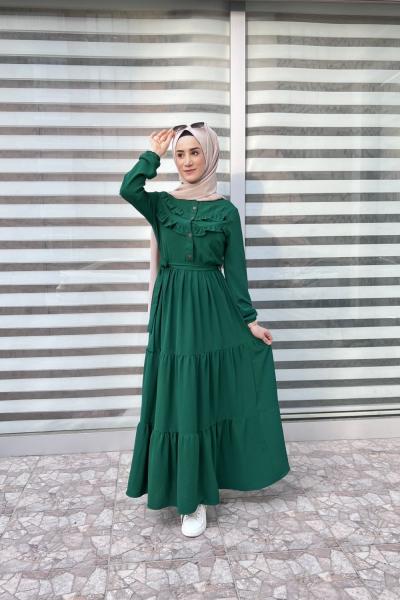 Yeni Model Ayrobin Düğmeli Elbisem Zümrüt