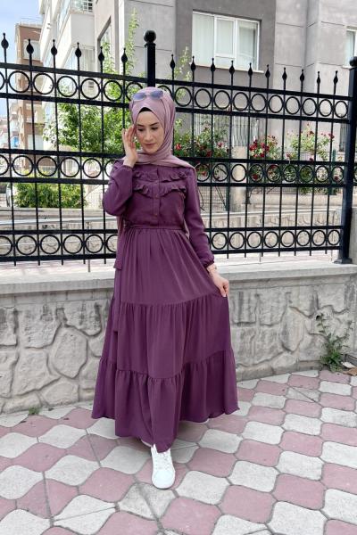 Yeni Model Ayrobin Düğmeli Elbisem Mürdüm