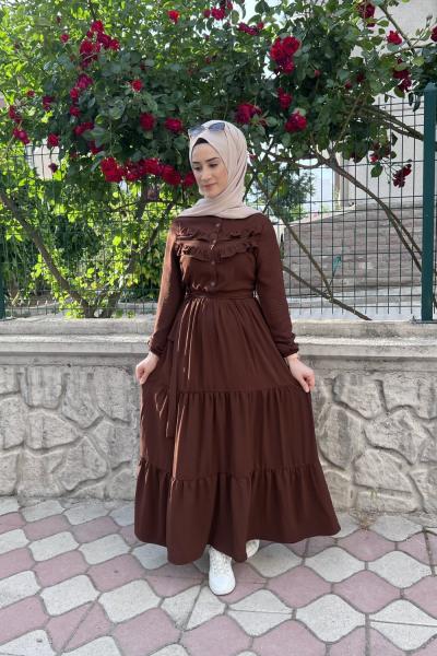 Yeni Model Ayrobin Düğmeli Elbisem Acı Kahve