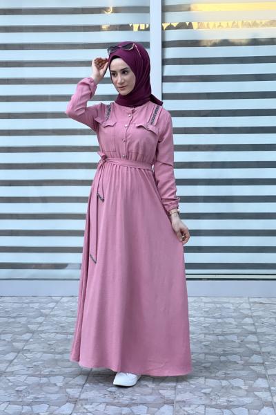 Yeni Model Taş Detaylı Star Elbisem Pudra