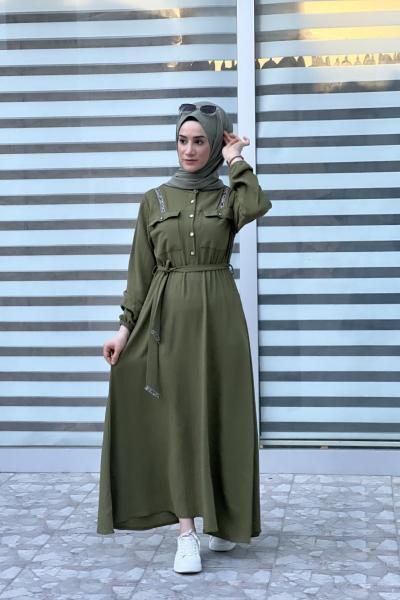 Yeni Model Taş Detaylı Star Elbisem Yağ Yeşili