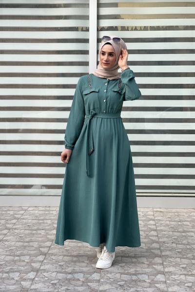 Yeni Model Taş Detaylı Star Elbisem Mint Yeşili