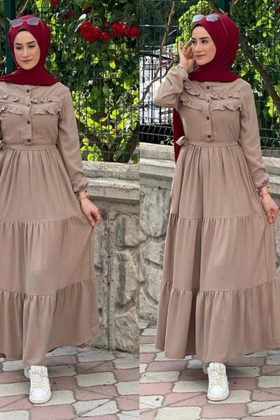 Yeni Model Ayrobin Düğmeli Elbisem Bej