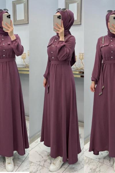 Yeni Model Taş Detaylı Star Elbisem Mürdüm