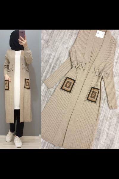 Yeni Model Etnik Desen Triko Hırka Vizon