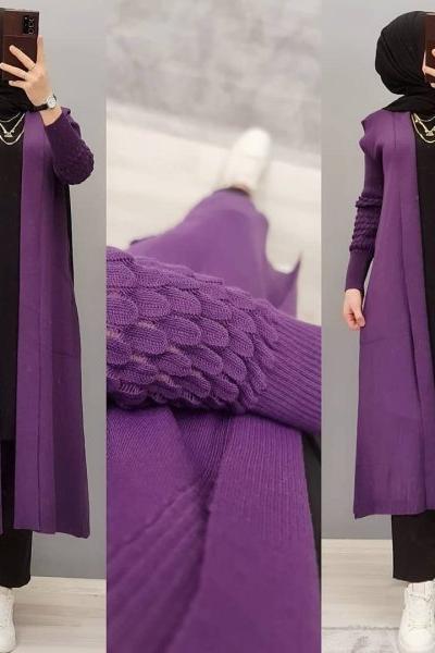 Yeni Model Cepli Triko Hırka  Mor