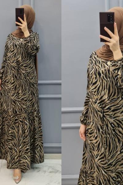 Zebra Desen Elbise  Vizon Siyah