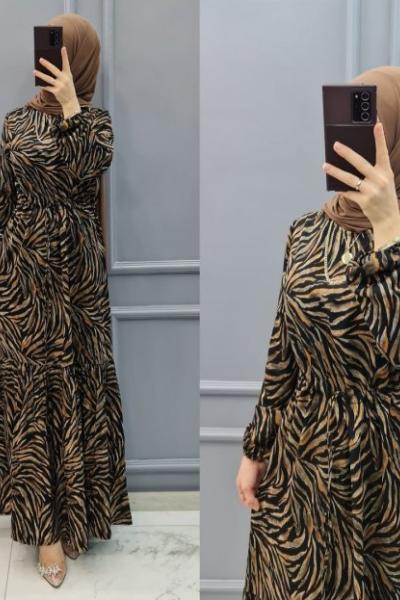 Zebra Desen Elbise  Siyah Kahverengi