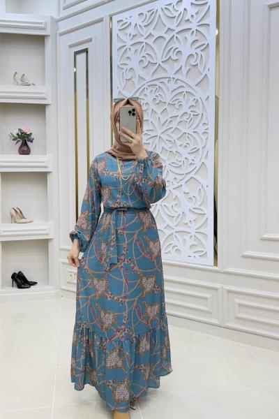 Zincir Desen Elbise Mint Yeşili