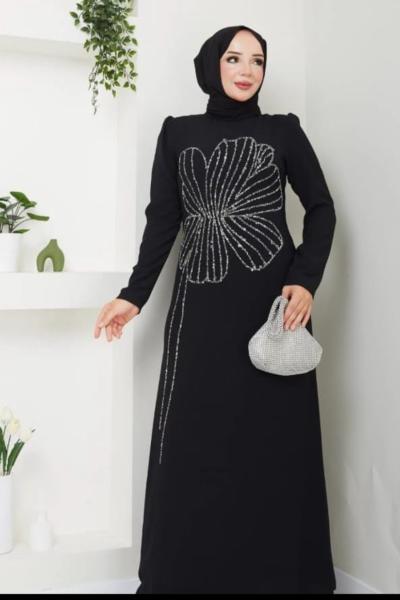 Elbise Abiye Çiçek Siyah