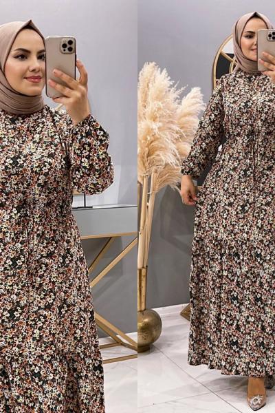 Elbise Buse citir cicekli Kahverengi