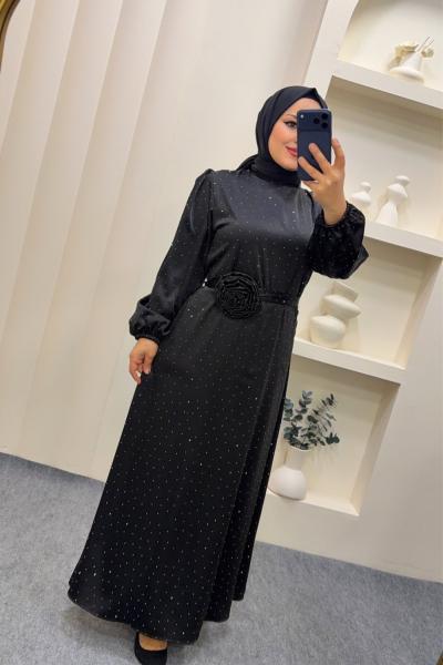 Elbise Gül kemerli Berivan Siyah