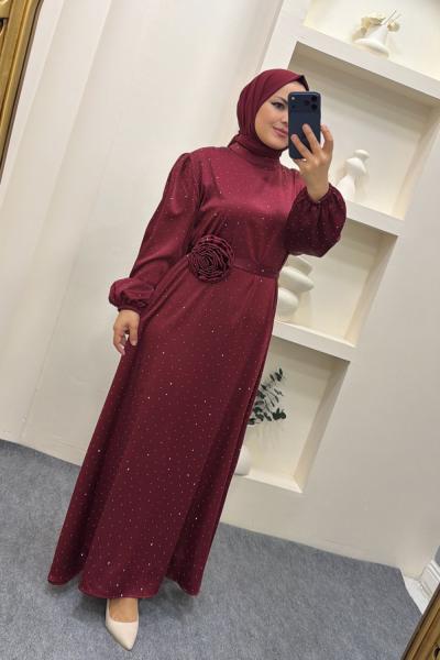 Elbise Gül kemerli Berivan Bordo