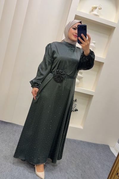 Elbise Gül kemerli Berivan Nefti Yeşili