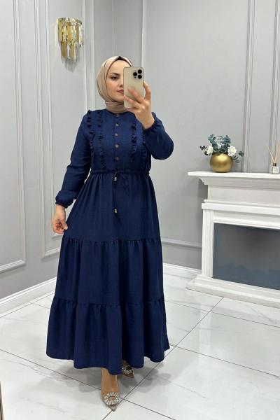 Elbise Keten Ayrobin Hayal Lacivert