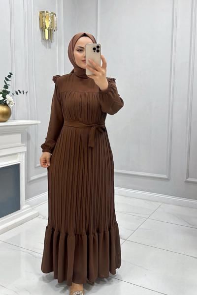 Elbise Piliseli Maide Kahverengi