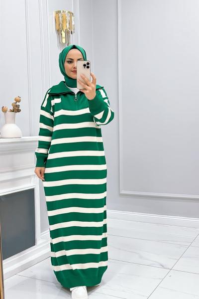 Elbise Triko Çizgili Linet Yeşil