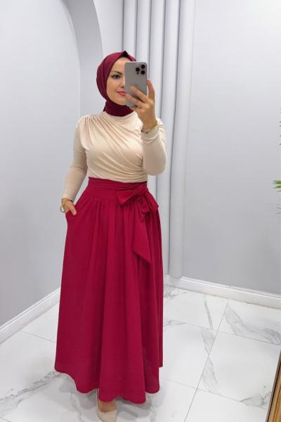 Etek pileli Zelal Bordo