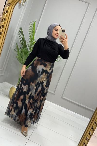 Etek Şifon Niran Siyah Kahverengi