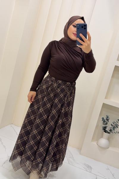 Etek şifon Afet Ekose Kahve