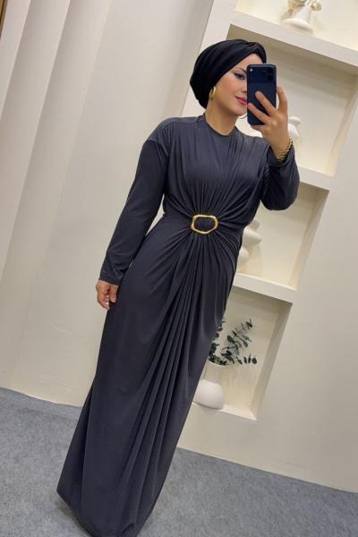 Sandy Büzgülü Linda Elbise Füme