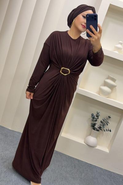 Sandy Büzgülü Linda Elbise Kahverengi