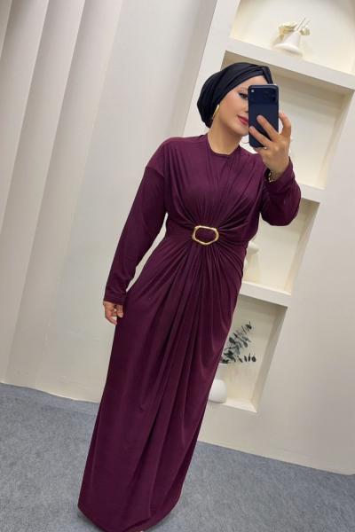 Sandy Büzgülü Linda Elbise Mürdüm