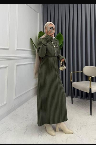 Seren Triko Elbise Haki