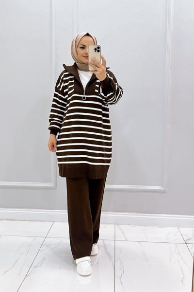 Takım Triko Çizgili Vera Acı Kahve