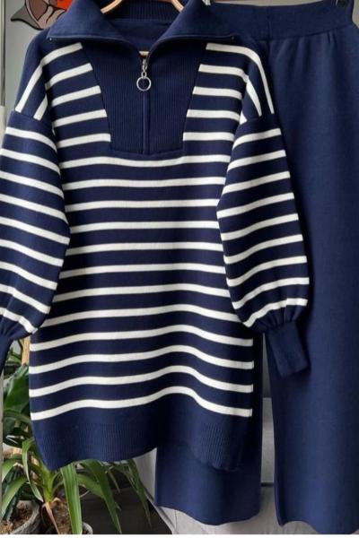 Takım Triko Çizgili Vera Lacivert
