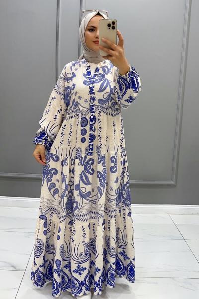 Viskon Lavin Elbise Beyaz Mavi