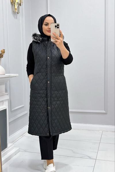 Yelek Bulut Kapitone Kapşonlu Kürklü Siyah