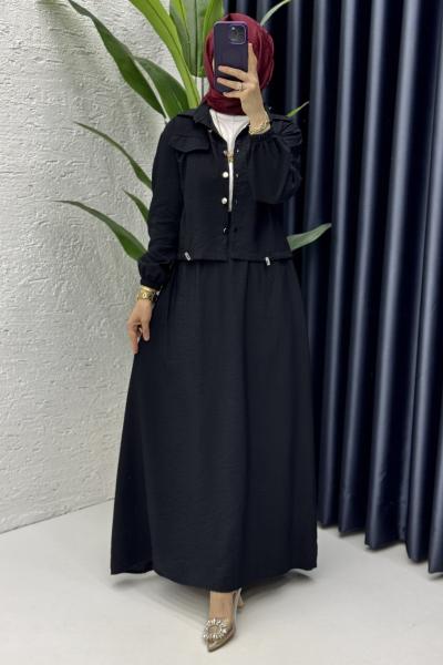 Başak Etekli Takım Tesettür Giyim Siyah