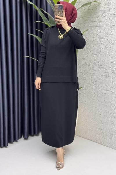 Dilan Etekli Takım Tesettür Giyim  Siyah