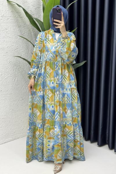 Etnik Elbise Tesettür Giyim Mavi