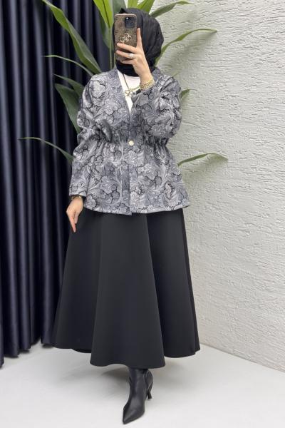 Etnik Etekli Takım Tesettür Giyim Siyah