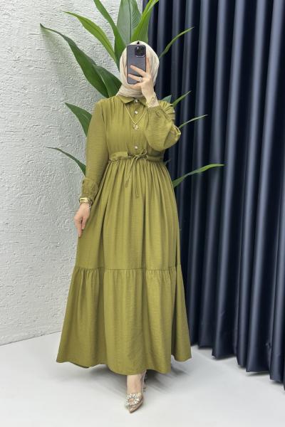Hümeyra Tesettür Elbise Yağ Yeşili