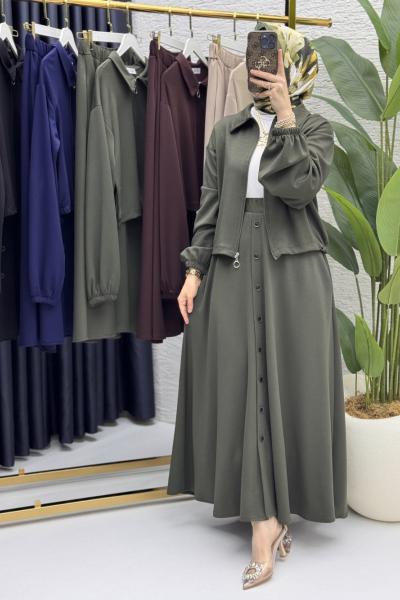 İlve Etekli Takım Tesettür Giyim Haki